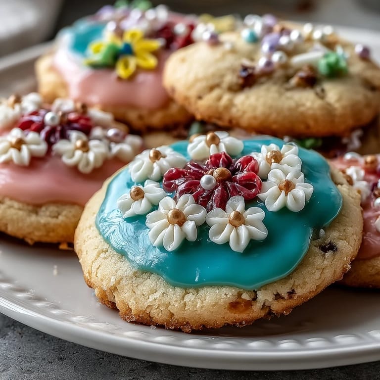 Blütenförmige Shortbread-Kekse mit Royal Icing, verziert mit pastellfarbenen floralen Mustern.