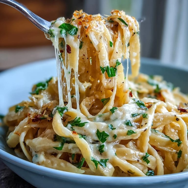 Dampfende Zitronen-Butter-Pasta mit Parmesan, frischer Petersilie und knusprigem Knoblauch.