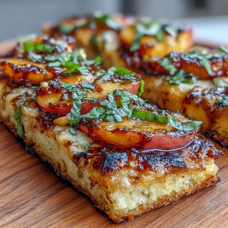 Süße gegrillte Pfirsiche, cremiger Brie und BBQ-Sauce auf knusprigem Fladenbrot