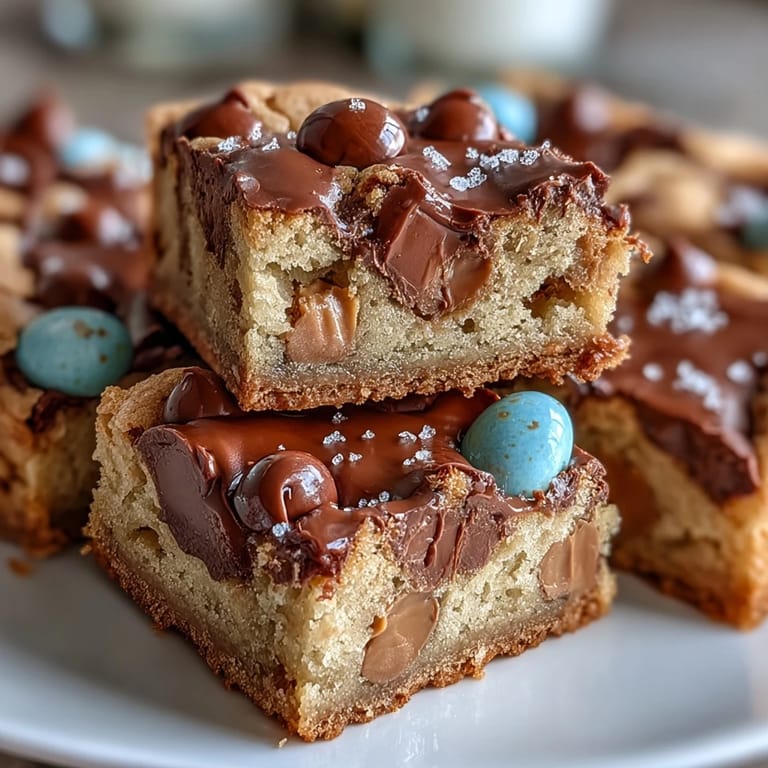 Leckere Peanut Butter Easter Egg Cookie Bars mit geschmolzenen Schokoladenstückchen.