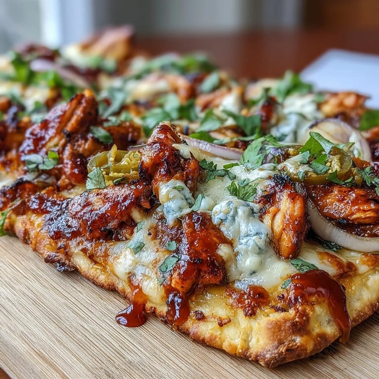 Knusprige Flatbread-Pizza mit rauchigem BBQ-Hähnchen, roter Zwiebel und Paprika, ideal für ein schnelles Abendessen.
