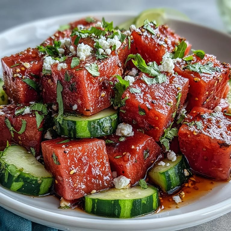 Knackiger Wassermelonen-Cucumbersalat mit Tajin und Limette - perfekt für heiße Tage und leichte Sommer-Mahlzeiten.