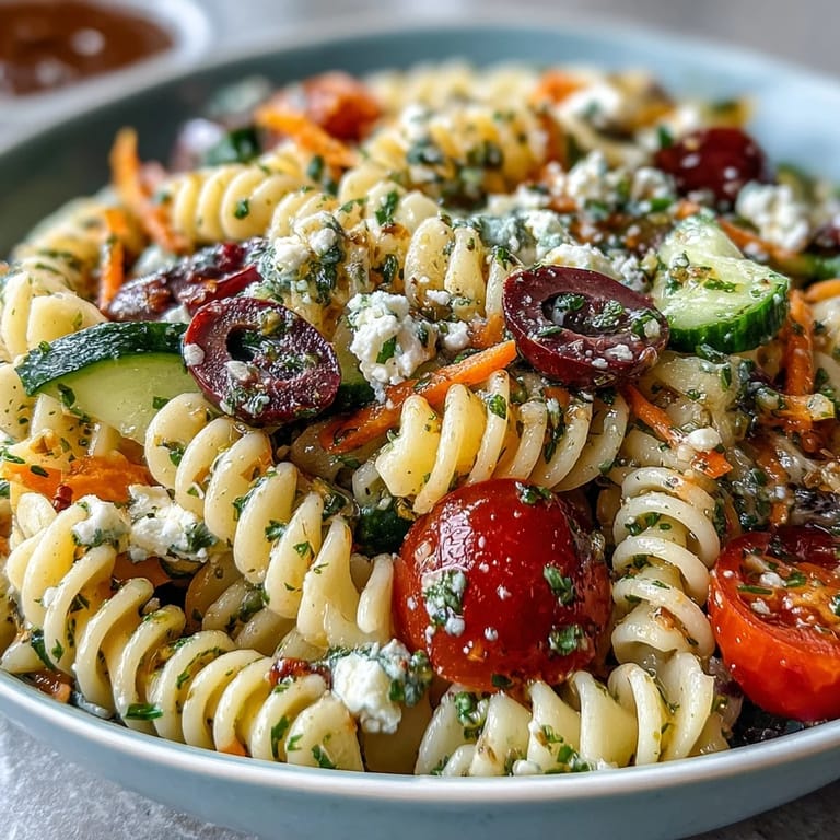 Frischer Nudelsalat mit italienischem Dressing, voller bunter Gemüsesorten und perfekt für Sommerfeste.