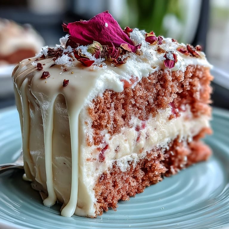 Eleganter Rosé-Velvet-Kuchen mit goldener Ganache: Perfekt für Hochzeitsfeiern, mit rosé-infundiertem Teig und glänzender Gold-Drip-Verzierung.  