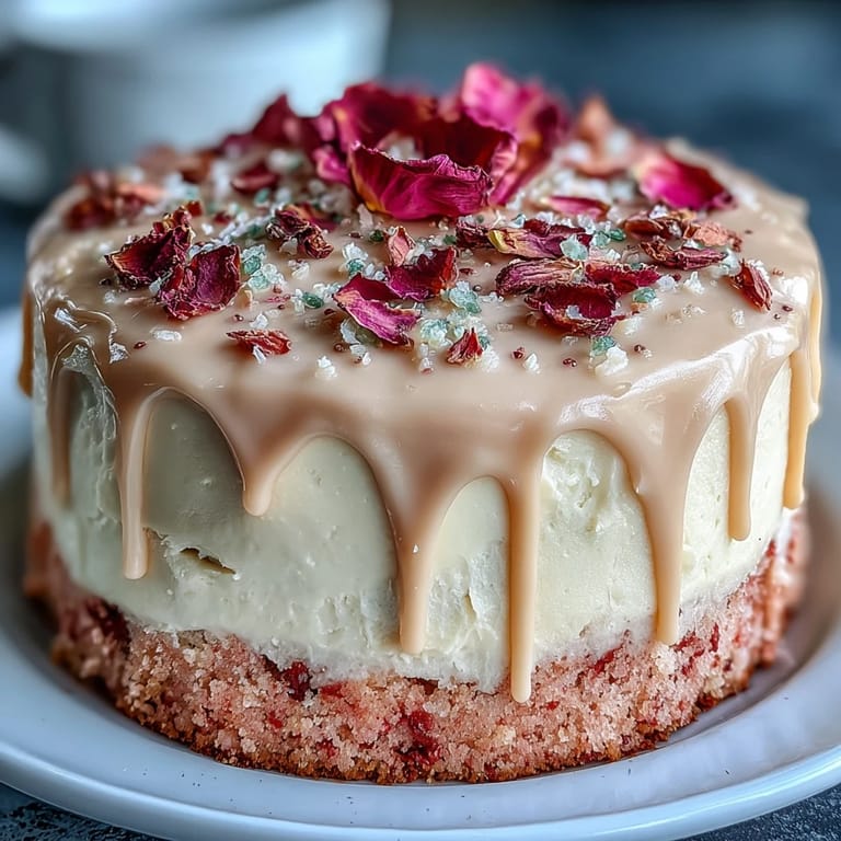 Hochzeitstauglicher Rosé-Velvet-Kuchen mit Goldakzenten: Zarter rosa Samtkuchen, dekoriert mit Frischkäse-Frosting und funkelndem Gold-Drip.