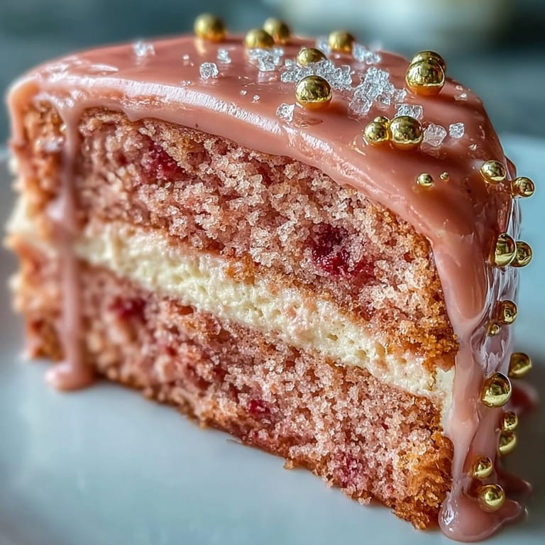 Rosé-Velvet-Kuchen mit Gold-Drip: Zarter, rosafarbener Kuchen mit Rosé-Wein, cremiger Frischkäse-Frosting und eleganter essbarer Goldglasur.