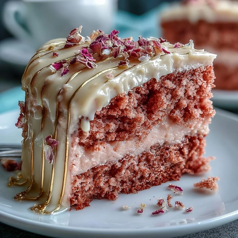 Zarter Rosé-Velvet-Kuchen mit luxuriösem Goldtropf und Buttercreme, ideal für festliche Anlässe und besondere Feiern.