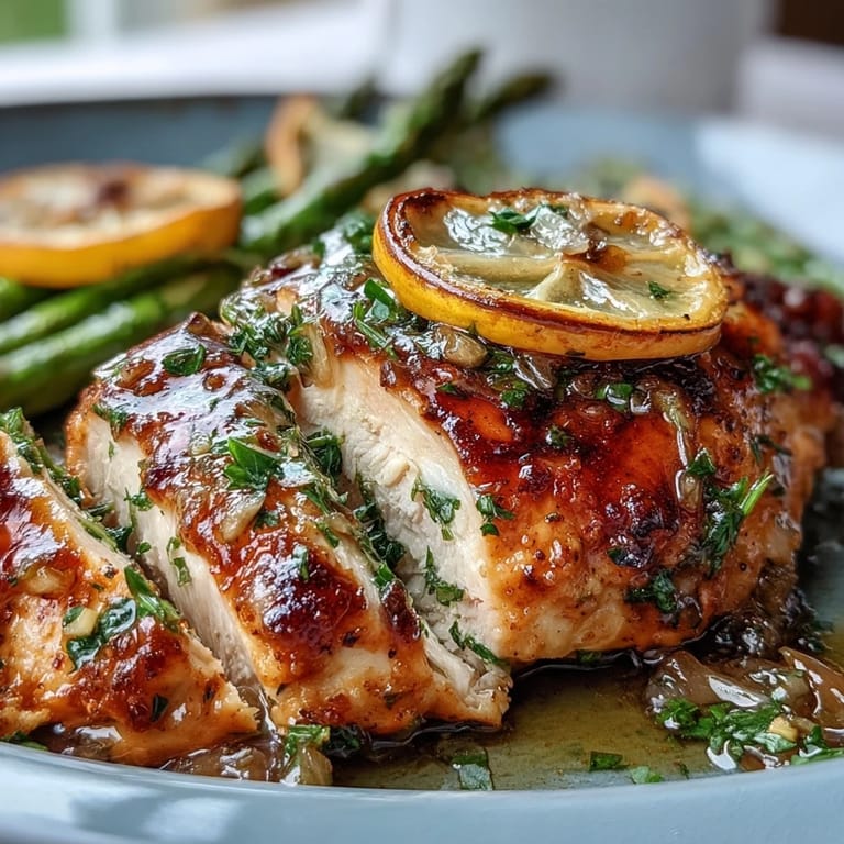 Das goldbraune One-Pan Zitronen-Kräuter-Huhn ruht neben knackigem, geröstetem Spargel.