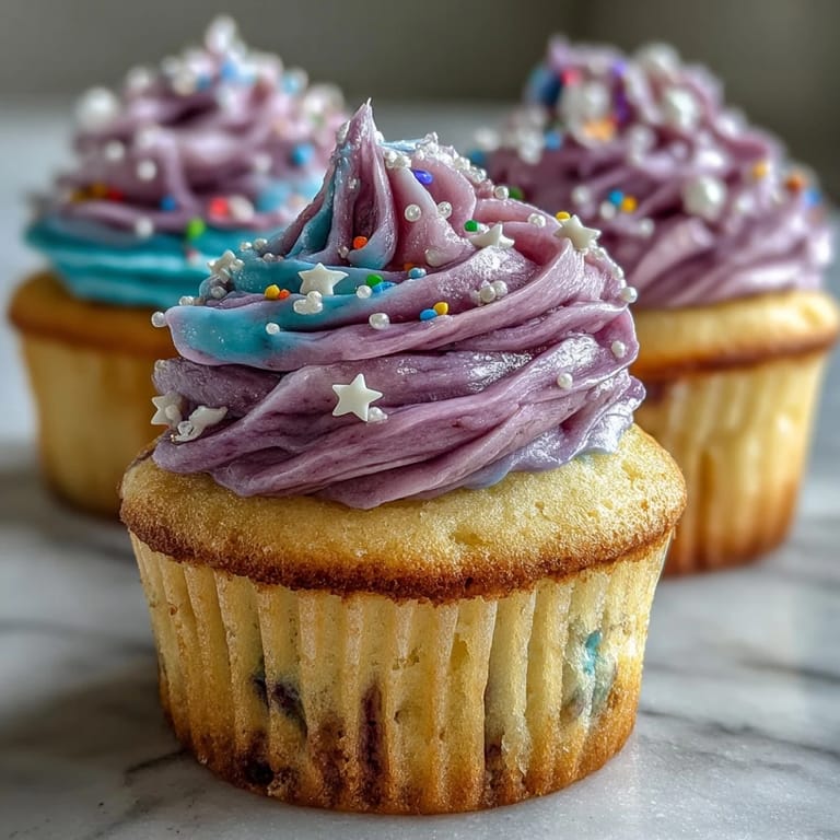 Fluffige Vanilla Cupcakes für Geburtstage, verziert mit leuchtender, zweifarbiger Buttercreme.