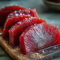 Glattes, rosafarbenes Guava Paste auf einem Holzbrett, perfekt für Käseplatten und Pastelitos.