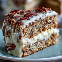 Karotten-Walnuss-Schichtkuchen mit cremiger Frischkäseglasur und knackigen Nüssen.