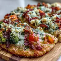 Festlicher Regenbogen-Gemüse-Fladenbrot-Pizza mit frischem Gemüse in leuchtenden Farben und cremigem Käse.