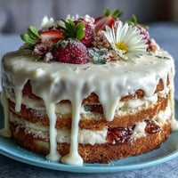 Zarter Spring Cake mit floralem Tropf und Erdbeer-Frosting, perfekt für festliche Anlässe.  