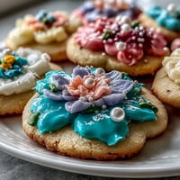 Zarte, butterblütenförmige Shortbread-Kekse mit farbenfrohem Royal Icing, perfekt für den Frühling.