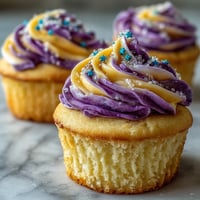 Feiern Sie mit diesen luftigen Vanilla Cupcakes mit dual-farbigem Frosting-Wirbel.